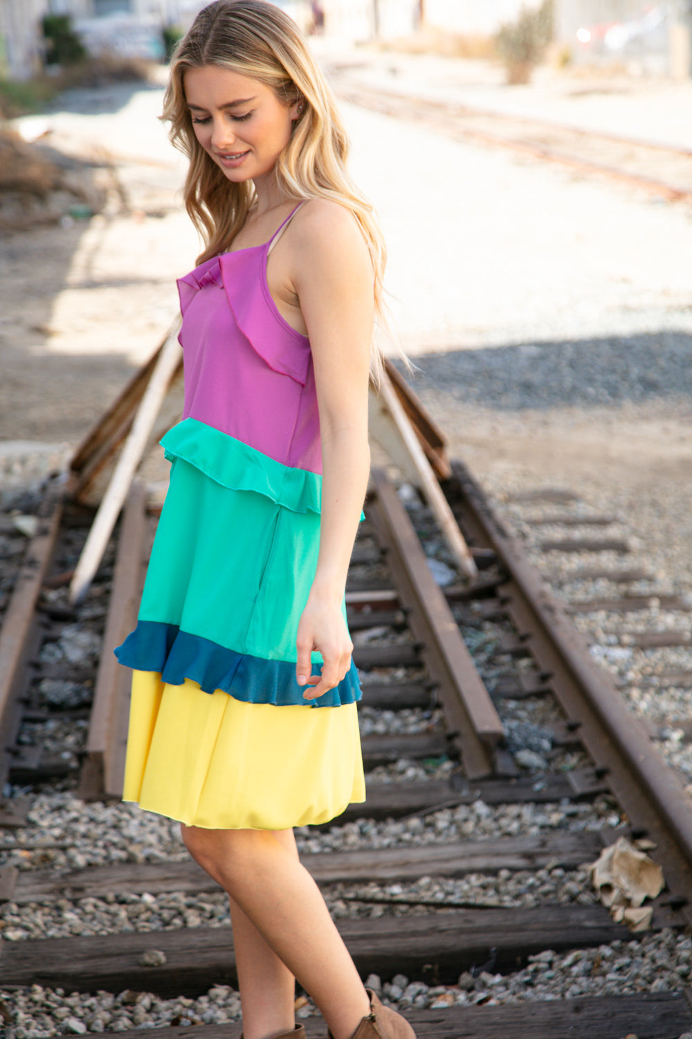 Fuchsia Shoulder Strap Color Block Tiered Ruffle Dress | Nikki &amp; Co. Boutique