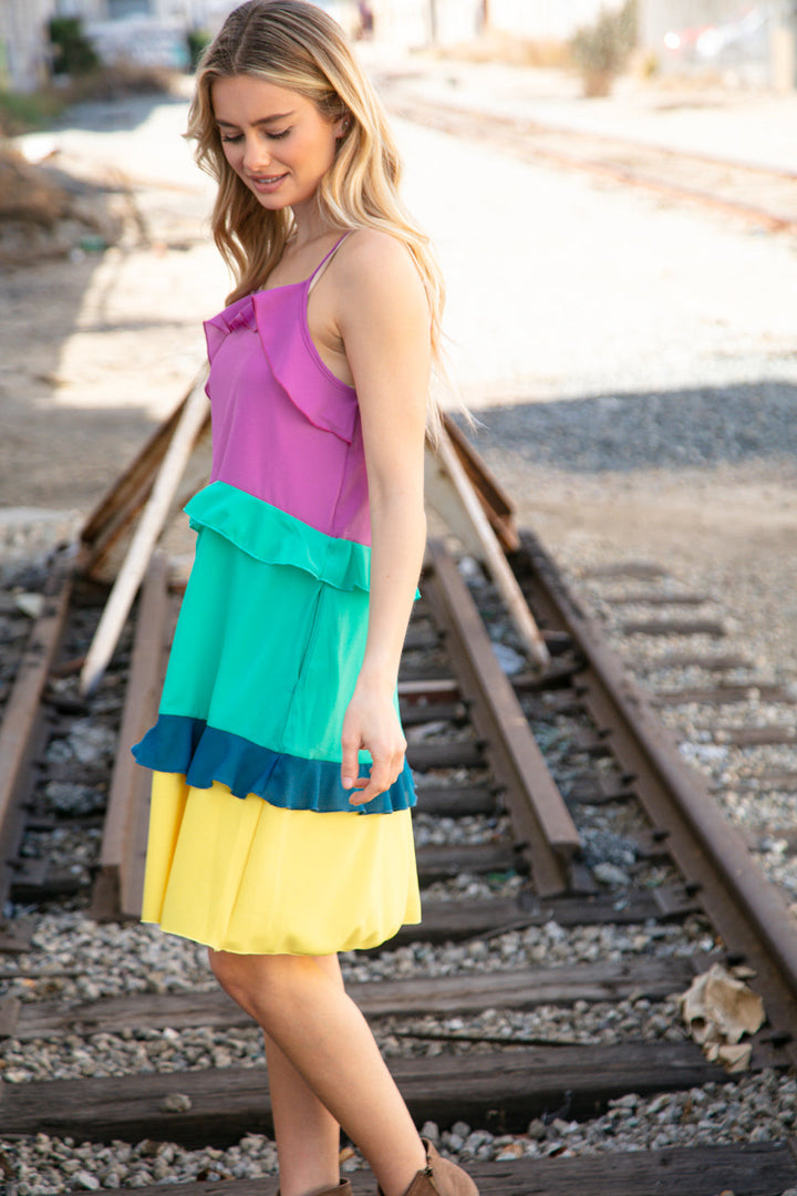 Fuchsia Shoulder Strap Color Block Tiered Ruffle Dress | Nikki &amp; Co. Boutique