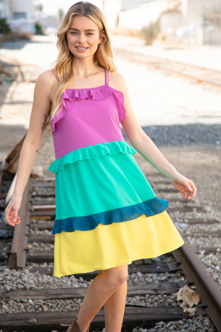 Fuchsia Shoulder Strap Color Block Tiered Ruffle Dress | Nikki &amp; Co. Boutique