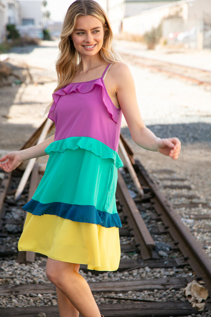 Fuchsia Shoulder Strap Color Block Tiered Ruffle Dress | Nikki &amp; Co. Boutique