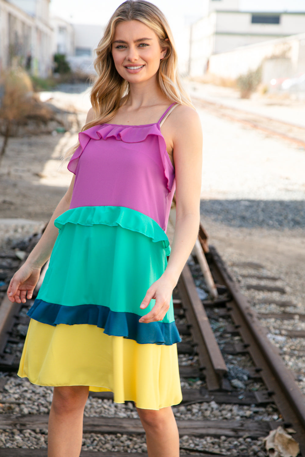 Fuchsia Shoulder Strap Color Block Tiered Ruffle Dress | Nikki &amp; Co. Boutique