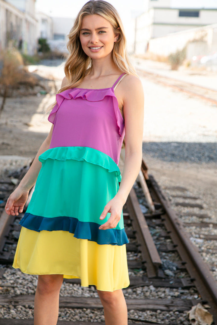Fuchsia Shoulder Strap Color Block Tiered Ruffle Dress | Nikki &amp; Co. Boutique