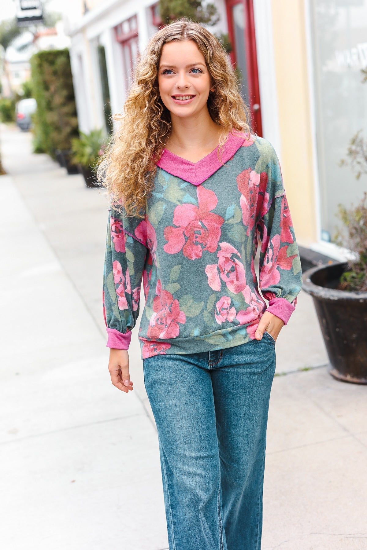 Beautiful You Vintage Teal Floral Print V Neck Hacci Knit Sweater - Nikki and Co Boutique