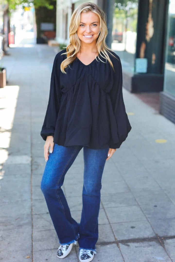 Simple Elegance Black V Neck Babydoll Woven Top - Nikki &amp; Co. Boutique