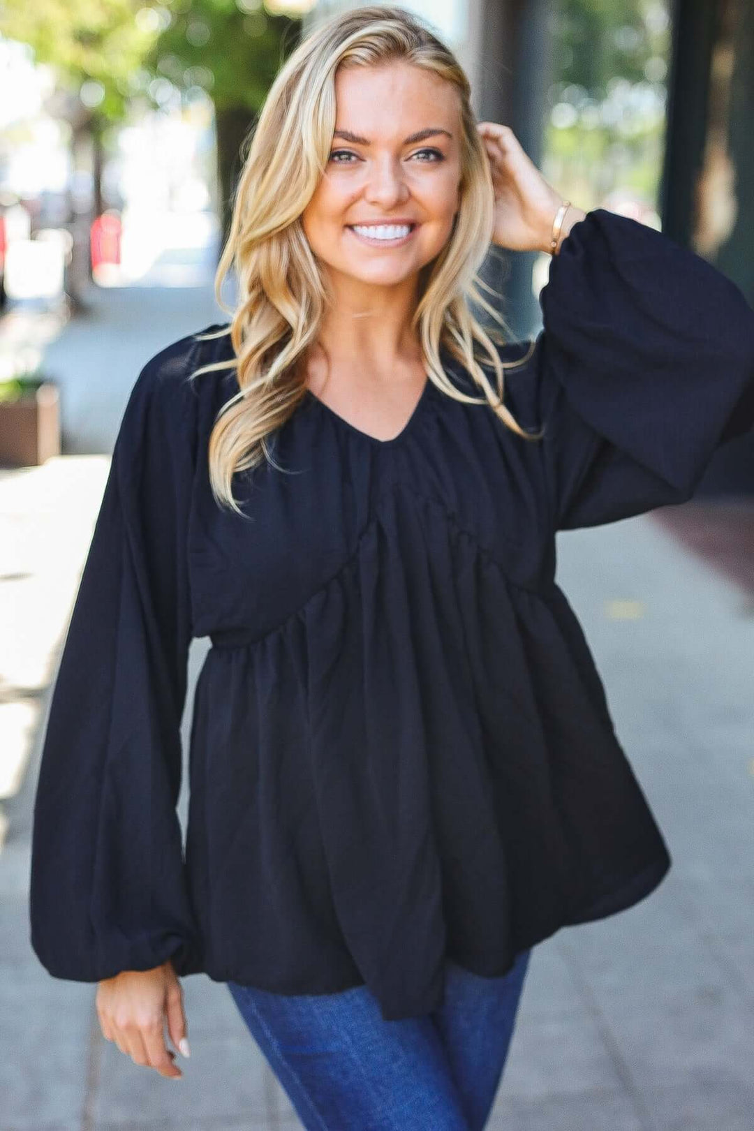 Simple Elegance Black V Neck Babydoll Woven Top - Nikki &amp; Co. Boutique