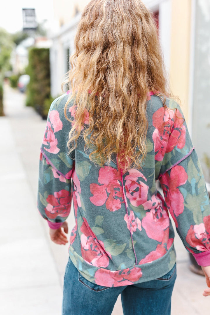 Beautiful You Vintage Teal Floral Print V Neck Hacci Knit Sweater | Nikki &amp; Co. Boutique