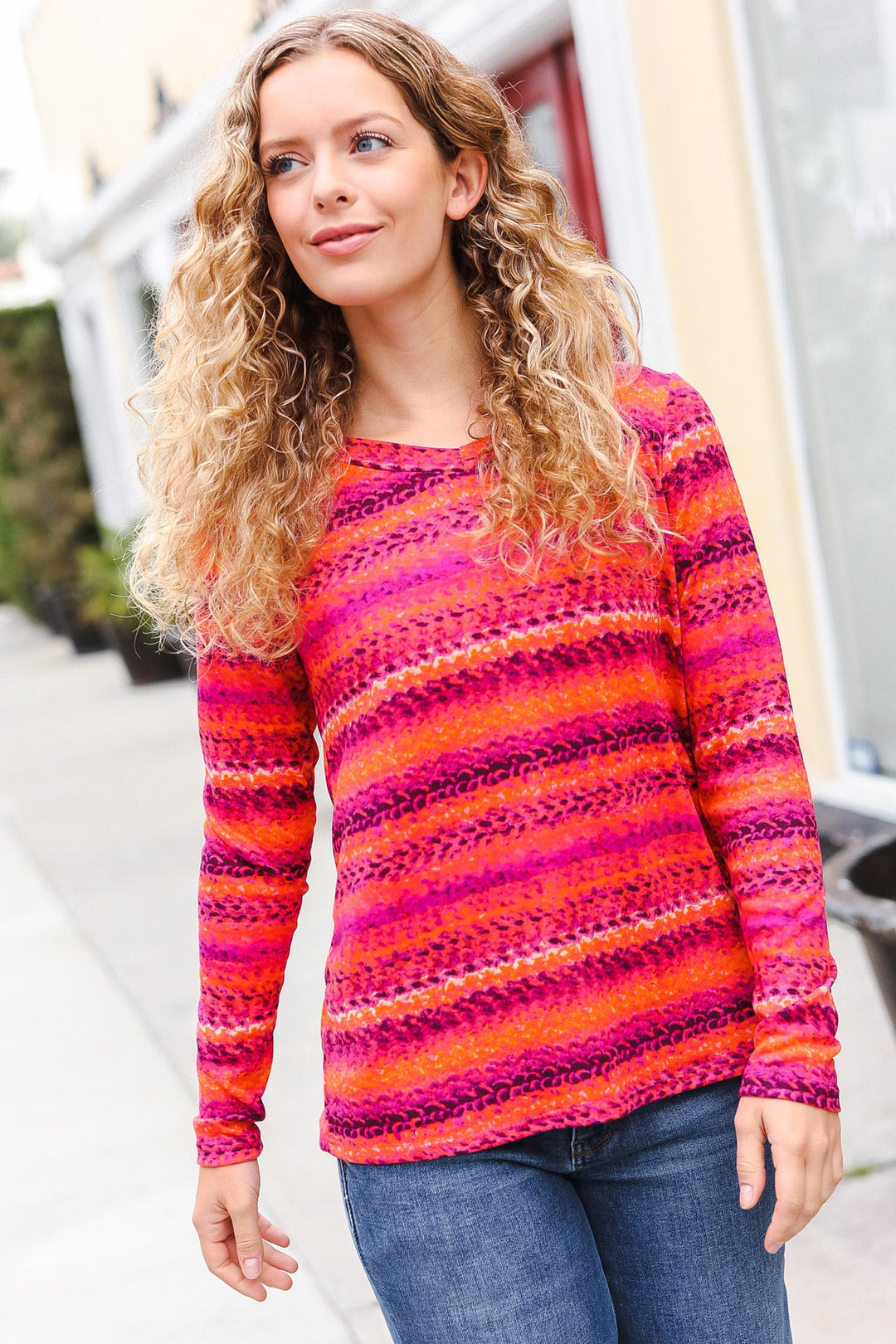 Be Bold Flame &amp; Magenta Striped Cable Knit Print Hacci Top | Nikki &amp; Co. Boutique