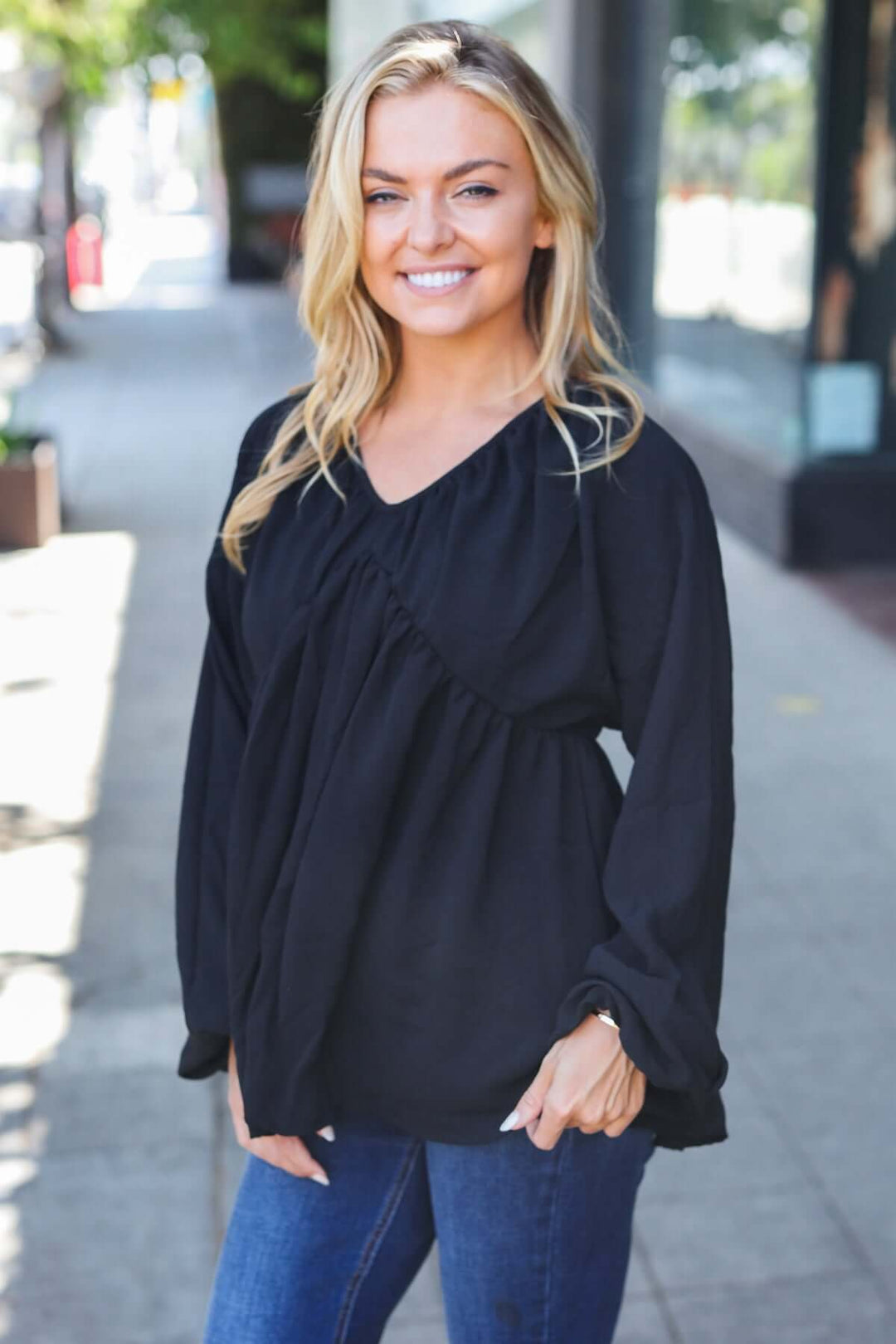 Simple Elegance Black V Neck Babydoll Woven Top - Nikki &amp; Co. Boutique