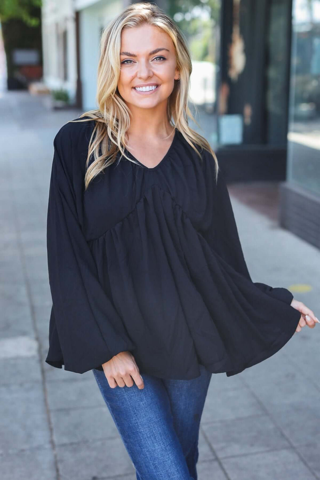 Simple Elegance Black V Neck Babydoll Woven Top - Nikki &amp; Co. Boutique