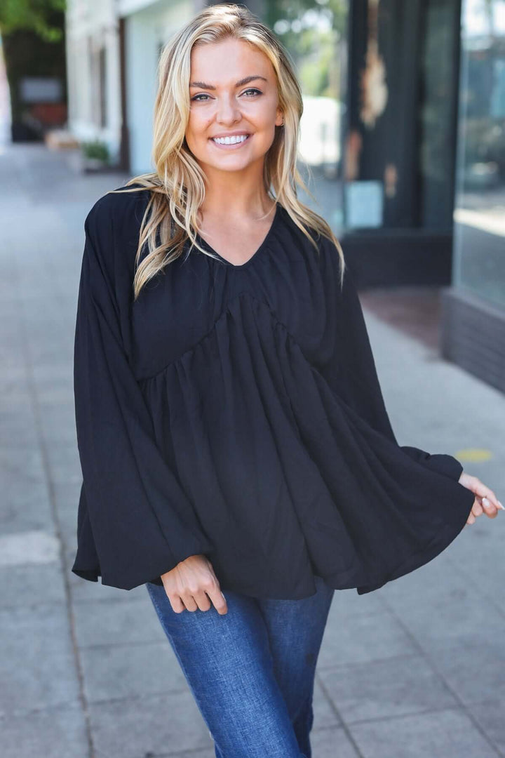 Simple Elegance Black V Neck Babydoll Woven Top - Nikki &amp; Co. Boutique