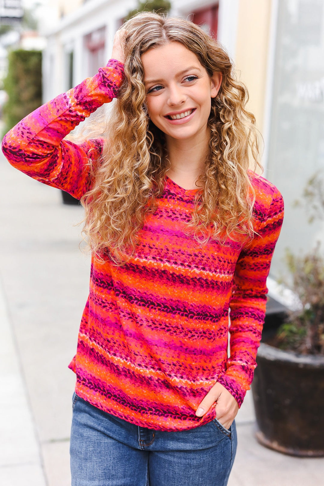 Be Bold Flame &amp; Magenta Striped Cable Knit Print Hacci Top | Nikki &amp; Co. Boutique