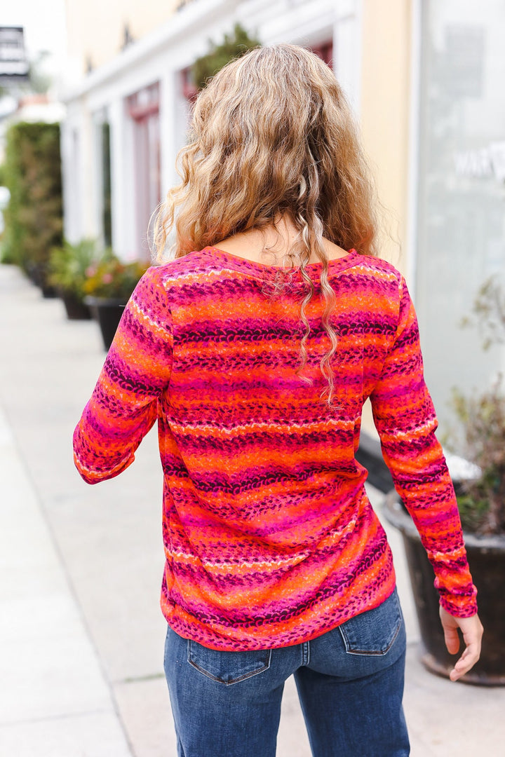 Be Bold Flame &amp; Magenta Striped Cable Knit Print Hacci Top | Nikki &amp; Co. Boutique