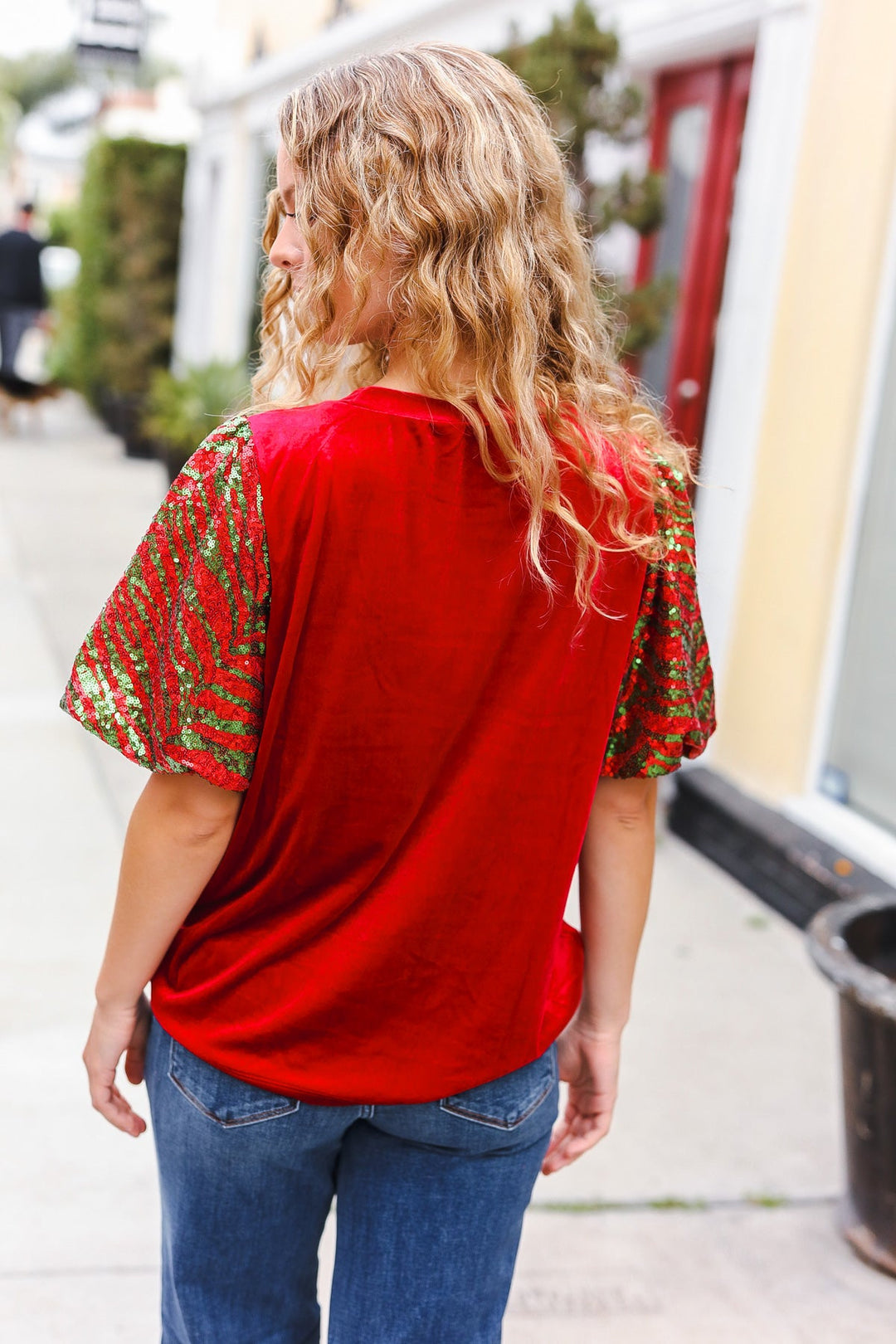 Warmest Wishes Red &amp; Green Sequin Puff Sleeve Velvet Top