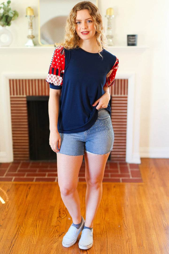Stand-Out Navy Patriotic Patchwork Puff Sleeve Tops | Nikki &amp; Co. Boutique