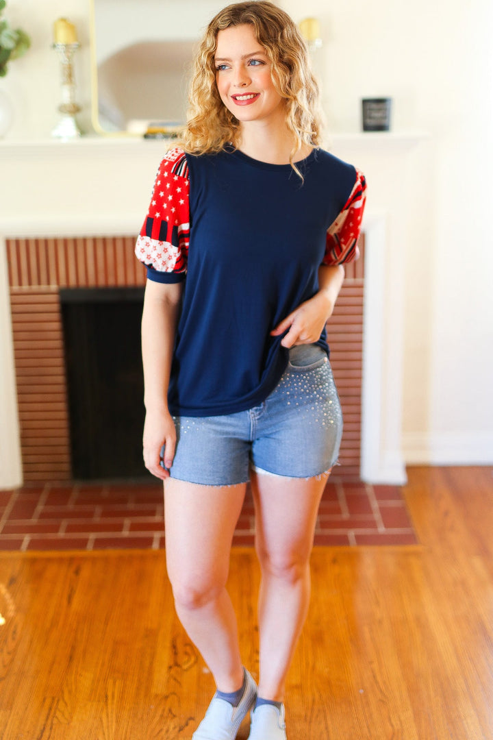 Stand-Out Navy Patriotic Patchwork Puff Sleeve Tops | Nikki &amp; Co. Boutique