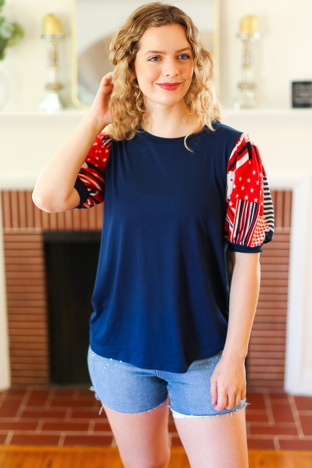 Stand-Out Navy Patriotic Patchwork Puff Sleeve Tops | Nikki &amp; Co. Boutique