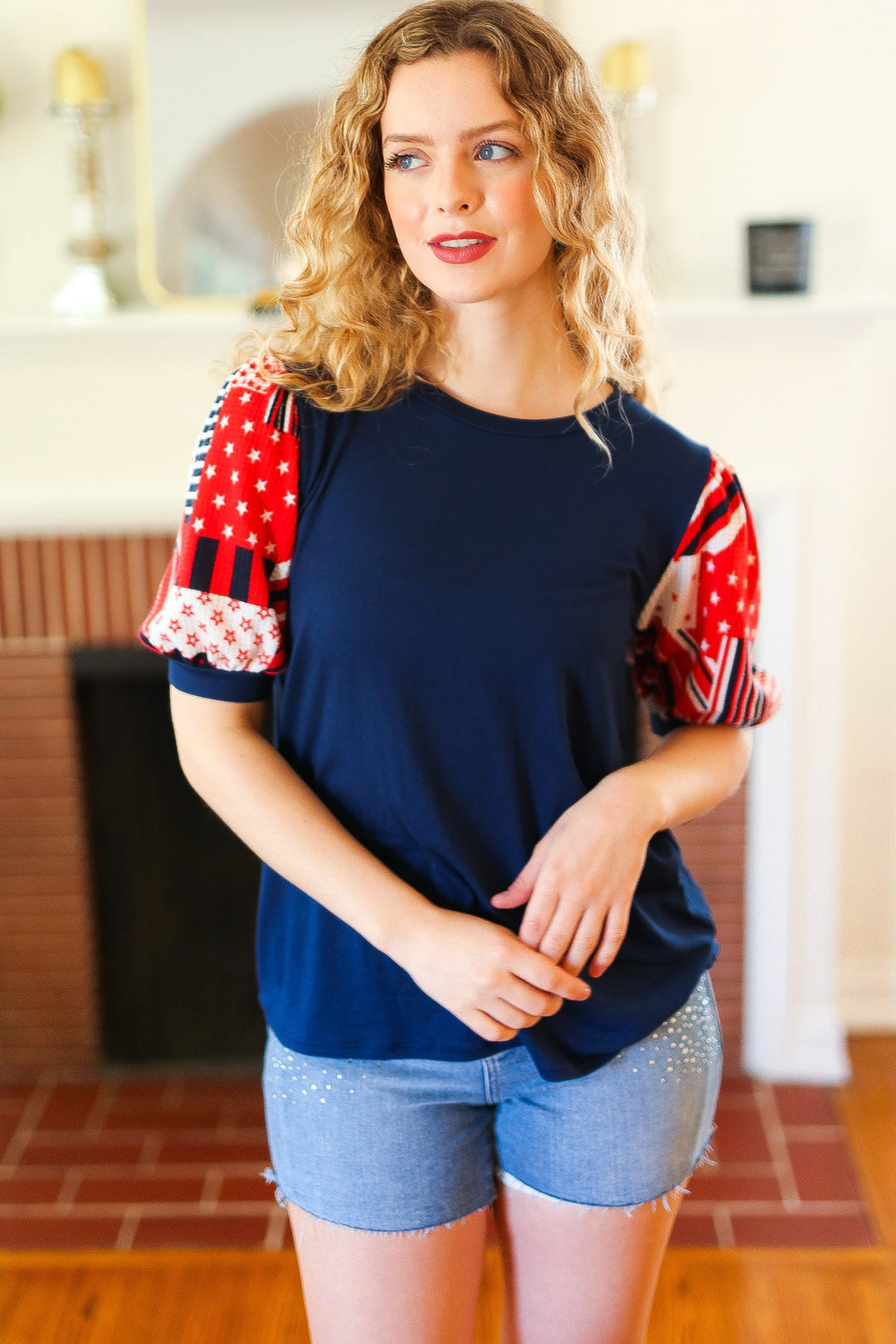 Stand-Out Navy Patriotic Patchwork Puff Sleeve Tops | Nikki &amp; Co. Boutique