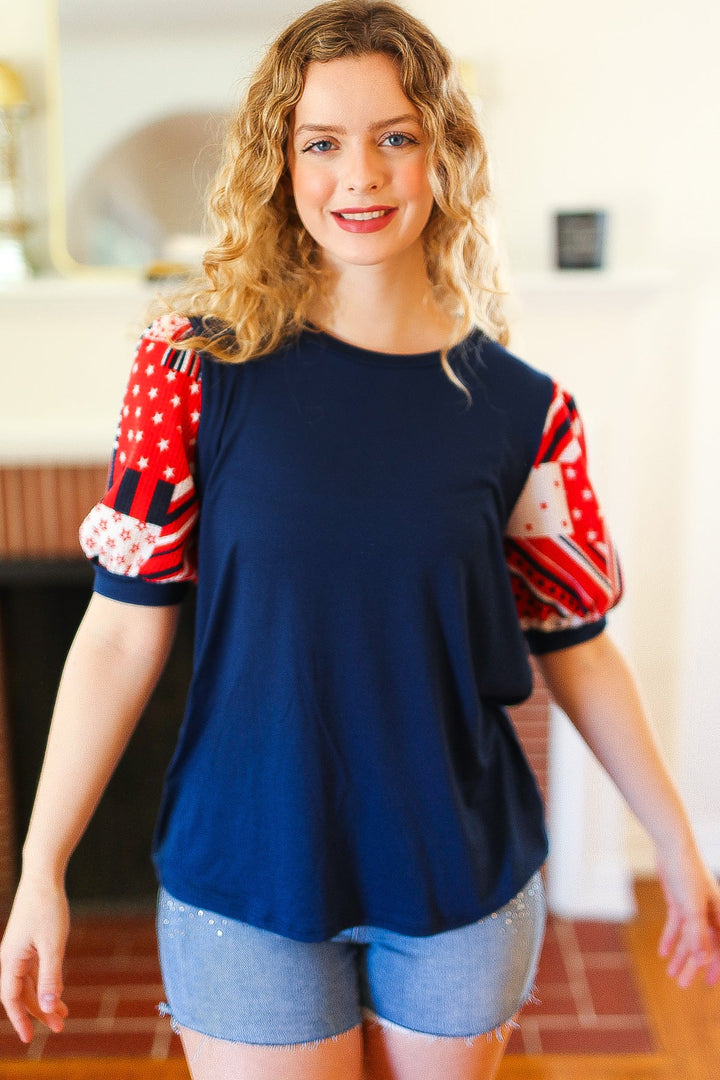 Stand-Out Navy Patriotic Patchwork Puff Sleeve Tops | Nikki &amp; Co. Boutique