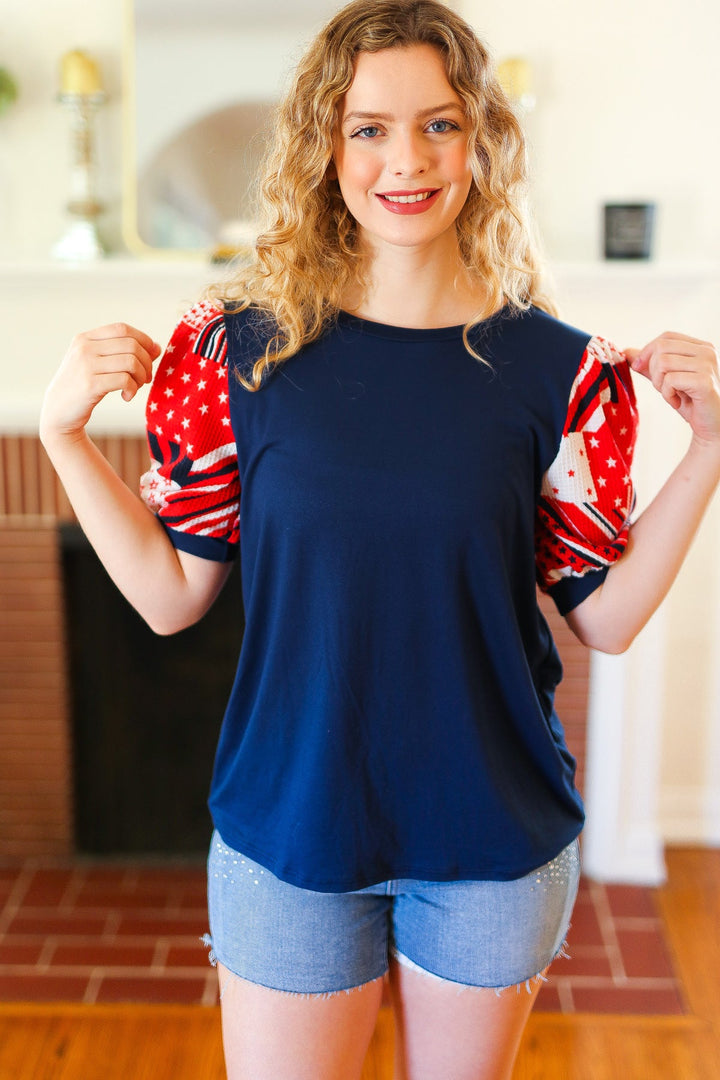 Stand-Out Navy Patriotic Patchwork Puff Sleeve Tops | Nikki &amp; Co. Boutique
