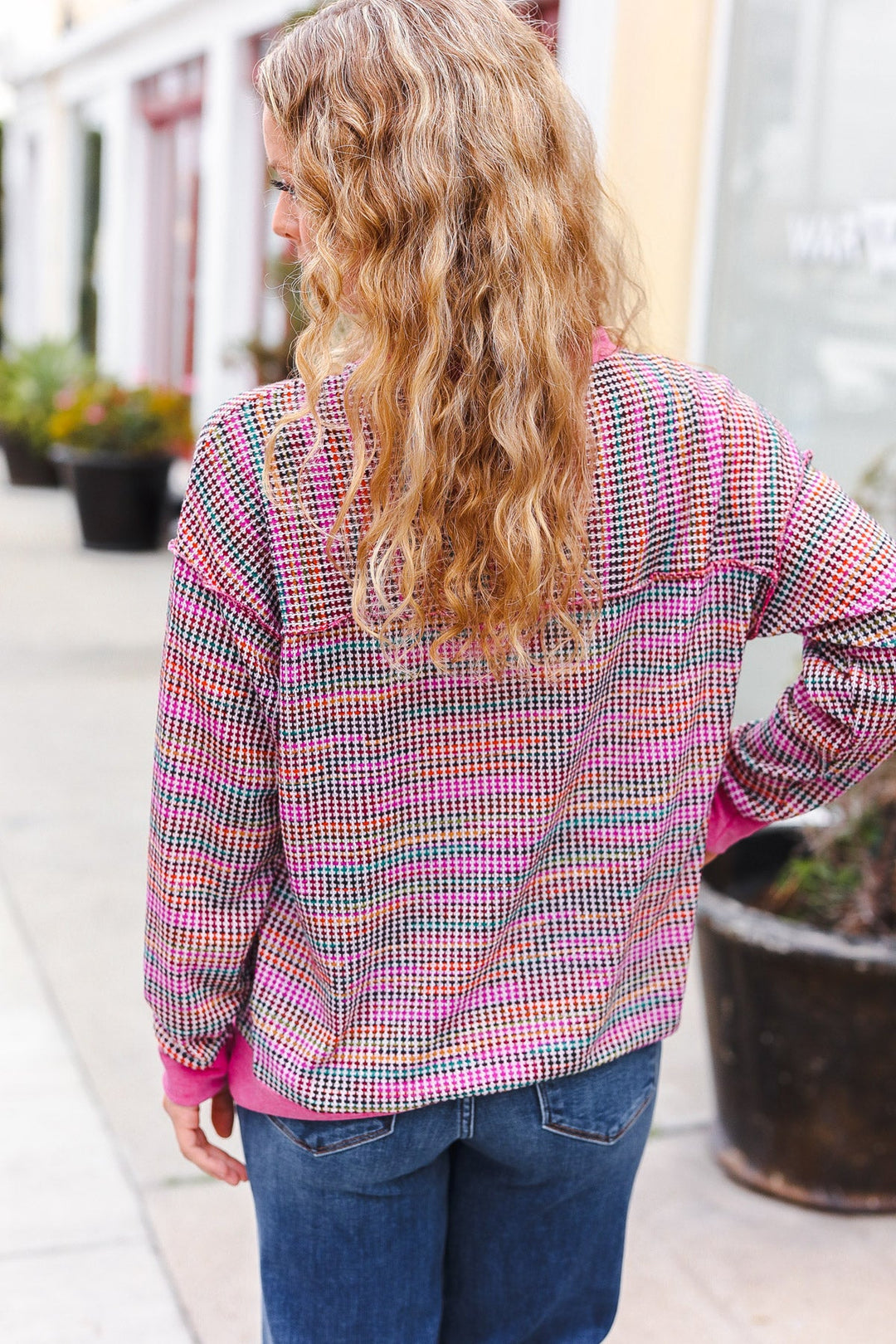Bring Joy Magenta Multicolor Textured Waffle Knit Sweater | Nikki &amp; Co. Boutique