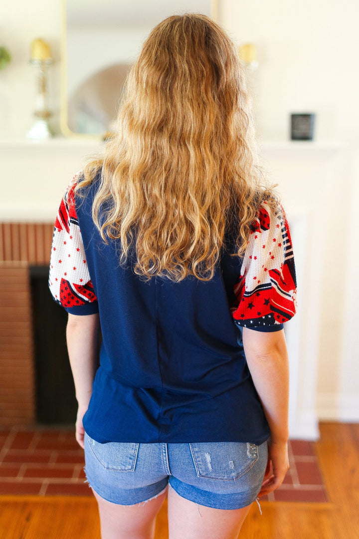 Stand-Out Navy Patriotic Patchwork Puff Sleeve Tops | Nikki &amp; Co. Boutique