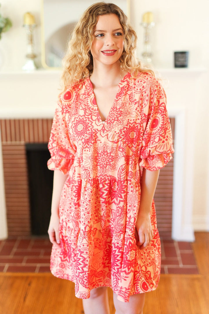 All You Need Peach &amp; Coral Boho Floral V Neck Dress | Nikki &amp; Co. Boutique