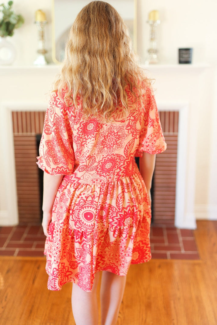 All You Need Peach &amp; Coral Boho Floral V Neck Dress | Nikki &amp; Co. Boutique