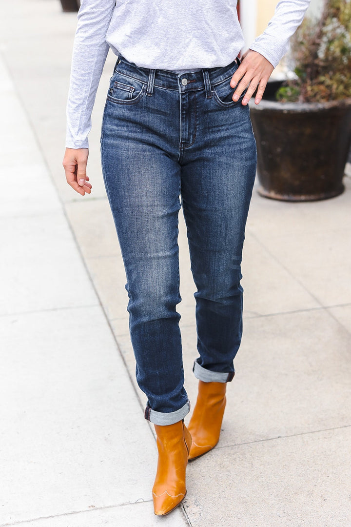 Judy Blue Dark Wash Mid Rise Cuffed Slim Fit Jeans | Nikki &amp; Co. Boutique