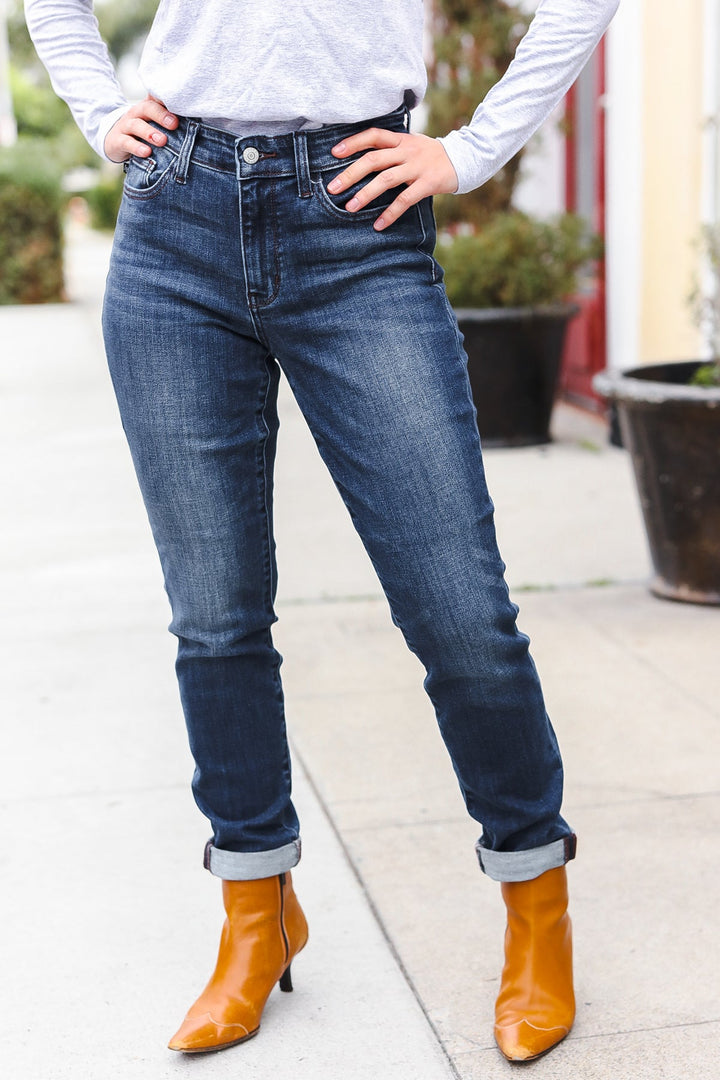 Judy Blue Dark Wash Mid Rise Cuffed Slim Fit Jeans | Nikki &amp; Co. Boutique