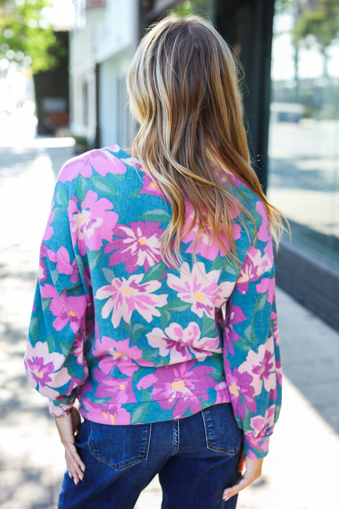Feeling Femme Teal Floral Brushed Hacci Sweater Top | Nikki &amp; Co. Boutique