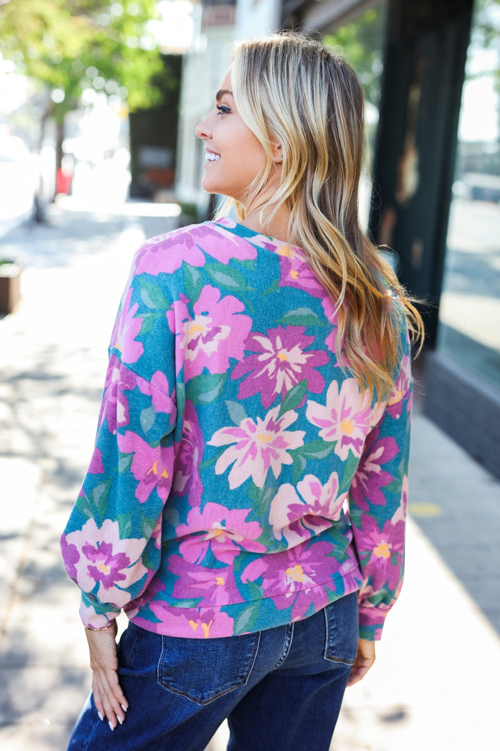 Feeling Femme Teal Floral Brushed Hacci Sweater Top | Nikki &amp; Co. Boutique