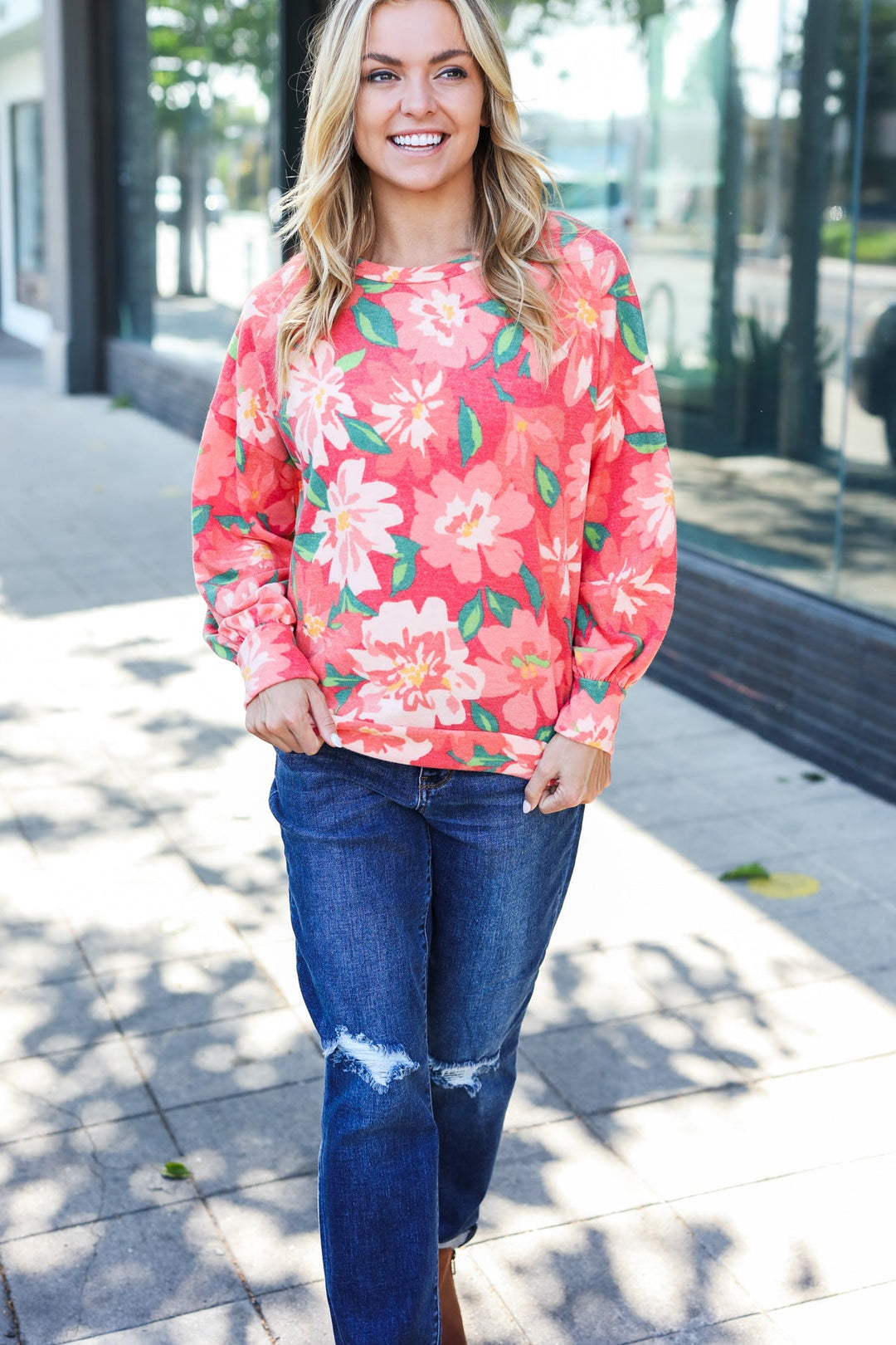 Feeling Femme Red Floral Brushed Hacci Sweater Top | Nikki &amp; Co. Boutique