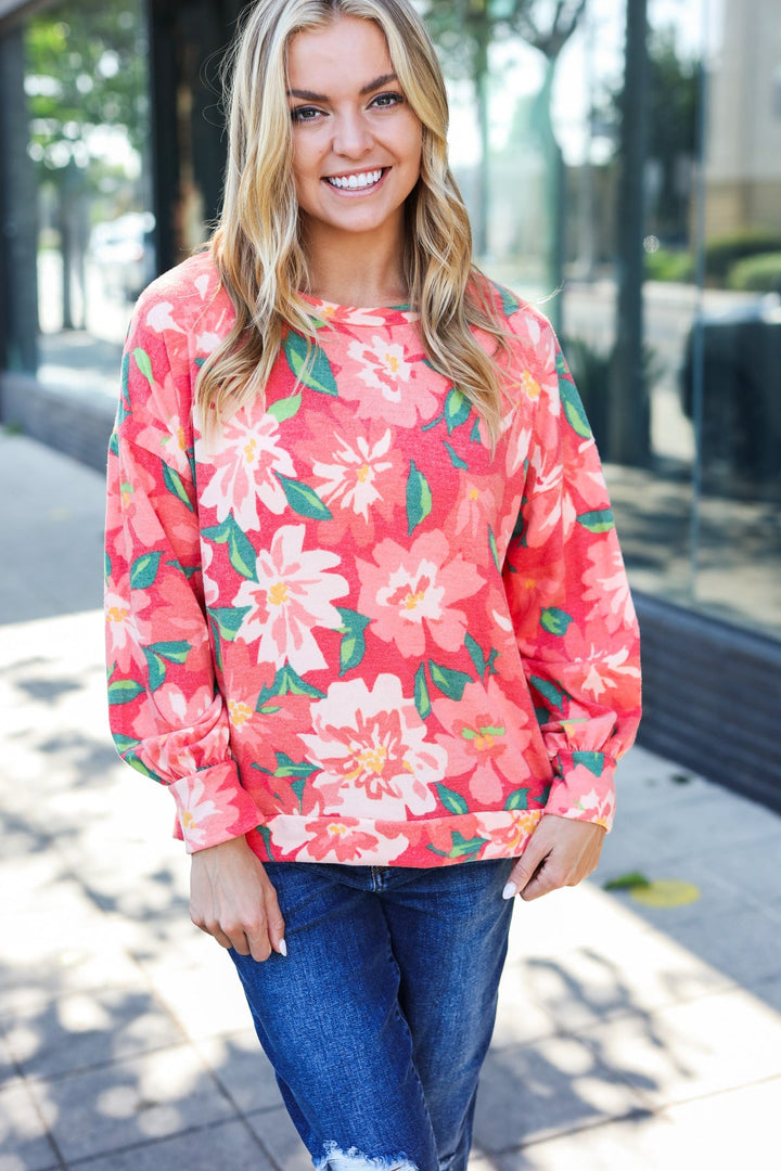 Feeling Femme Red Floral Brushed Hacci Sweater Top | Nikki &amp; Co. Boutique