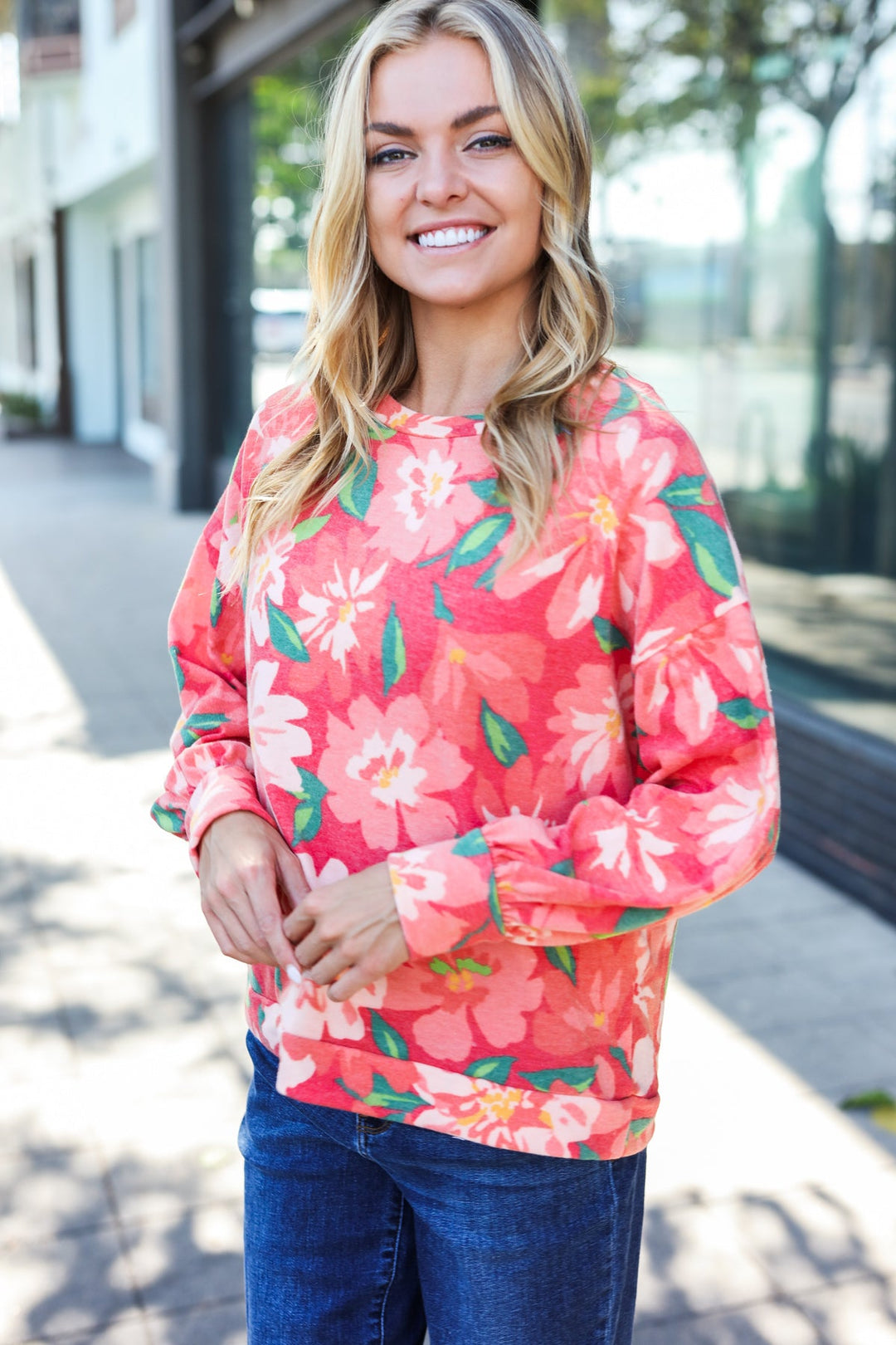 Feeling Femme Red Floral Brushed Hacci Sweater Top | Nikki &amp; Co. Boutique