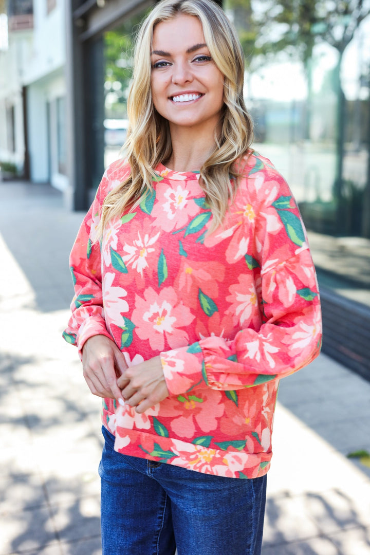 Feeling Femme Red Floral Brushed Hacci Sweater Top | Nikki &amp; Co. Boutique