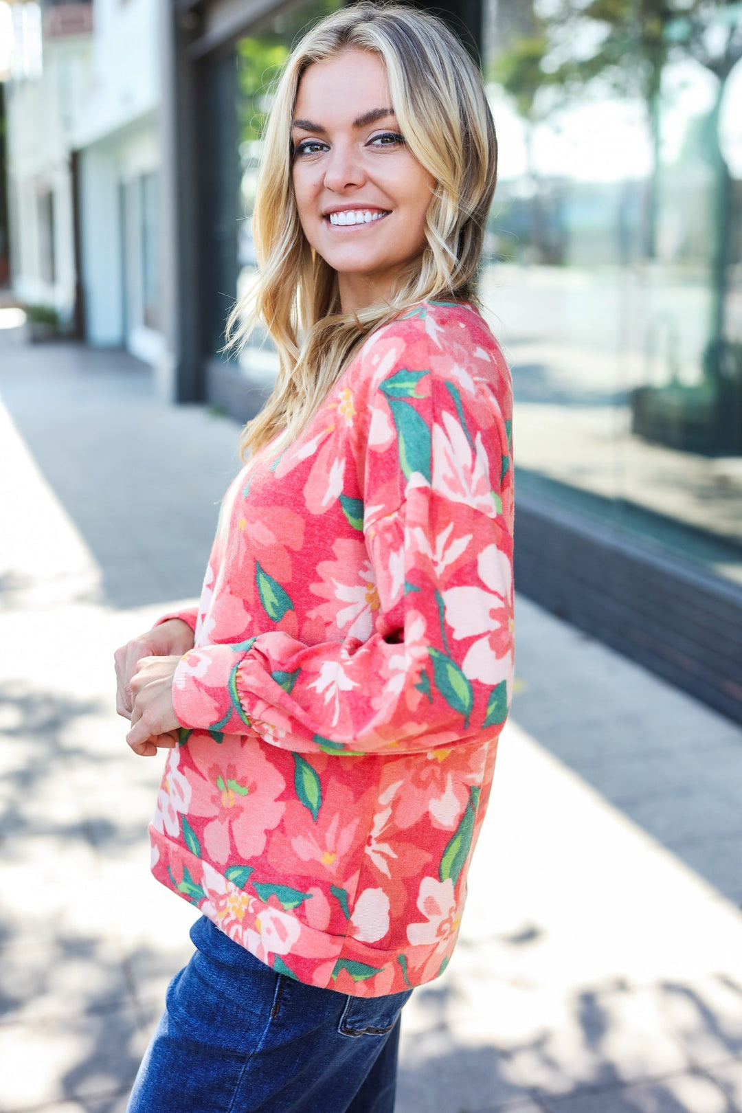 Feeling Femme Red Floral Brushed Hacci Sweater Top | Nikki &amp; Co. Boutique