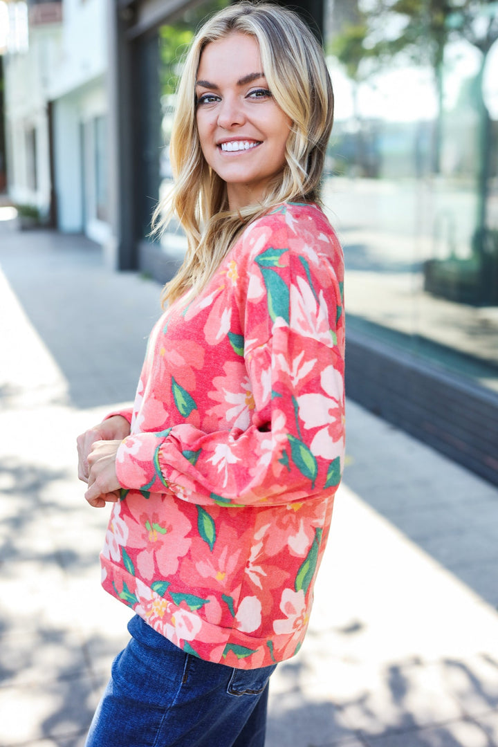 Feeling Femme Red Floral Brushed Hacci Sweater Top | Nikki &amp; Co. Boutique