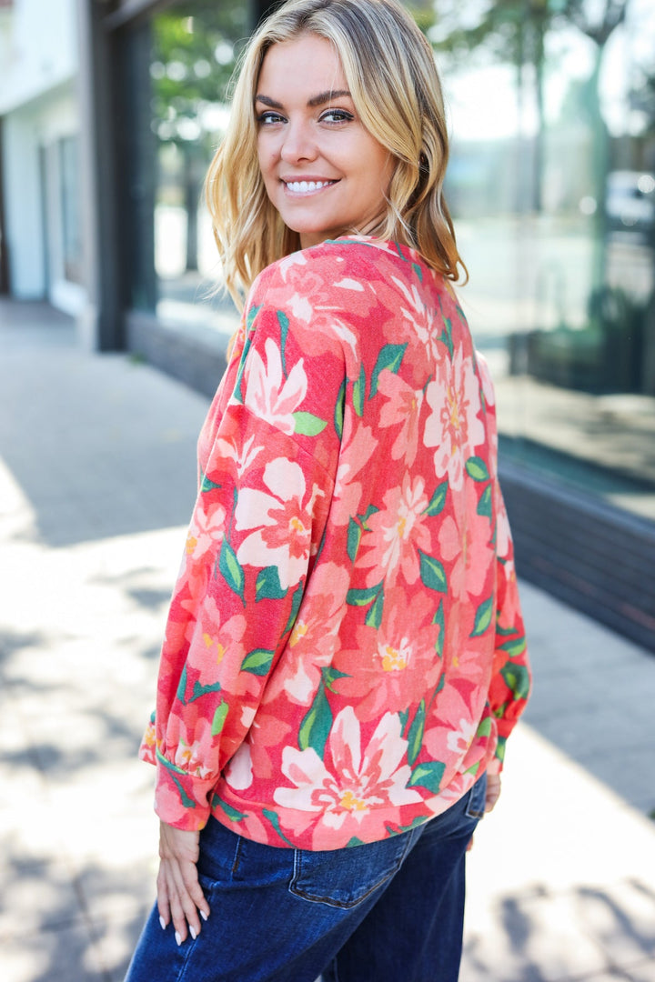 Feeling Femme Red Floral Brushed Hacci Sweater Top | Nikki &amp; Co. Boutique