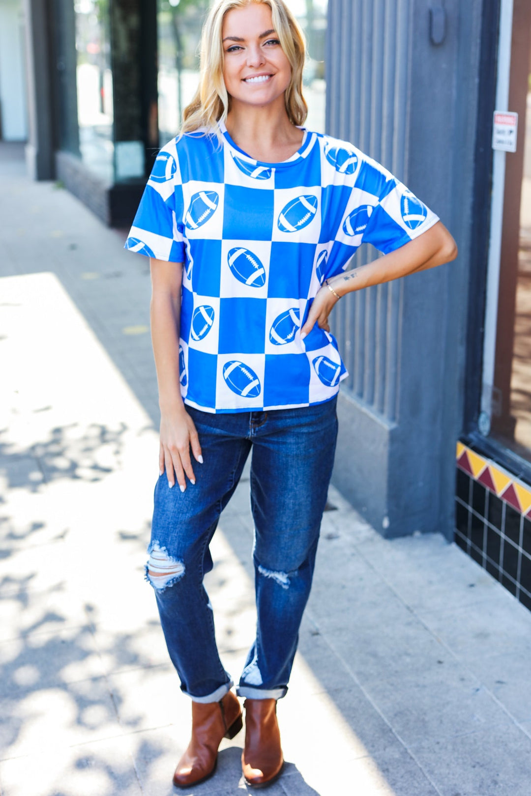 Turn Up The Volume Blue Football Checker Print Top - Nikki &amp; Co. Boutique