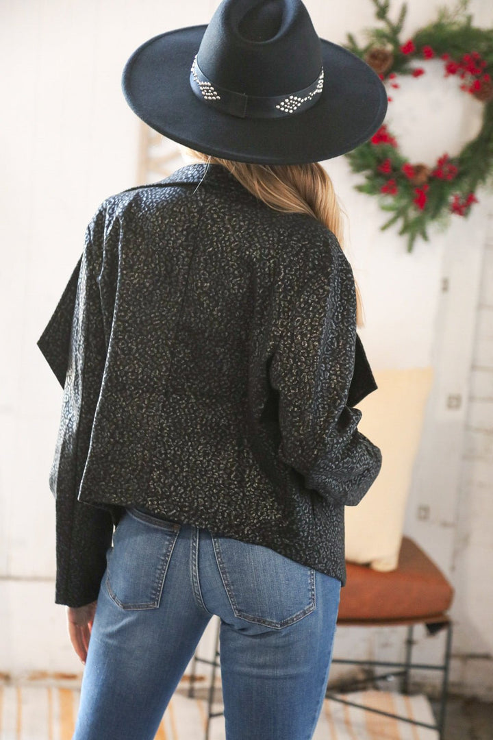Black Matte Foiled Cheetah Print Blazer Jacket | Nikki &amp; Co. Boutique