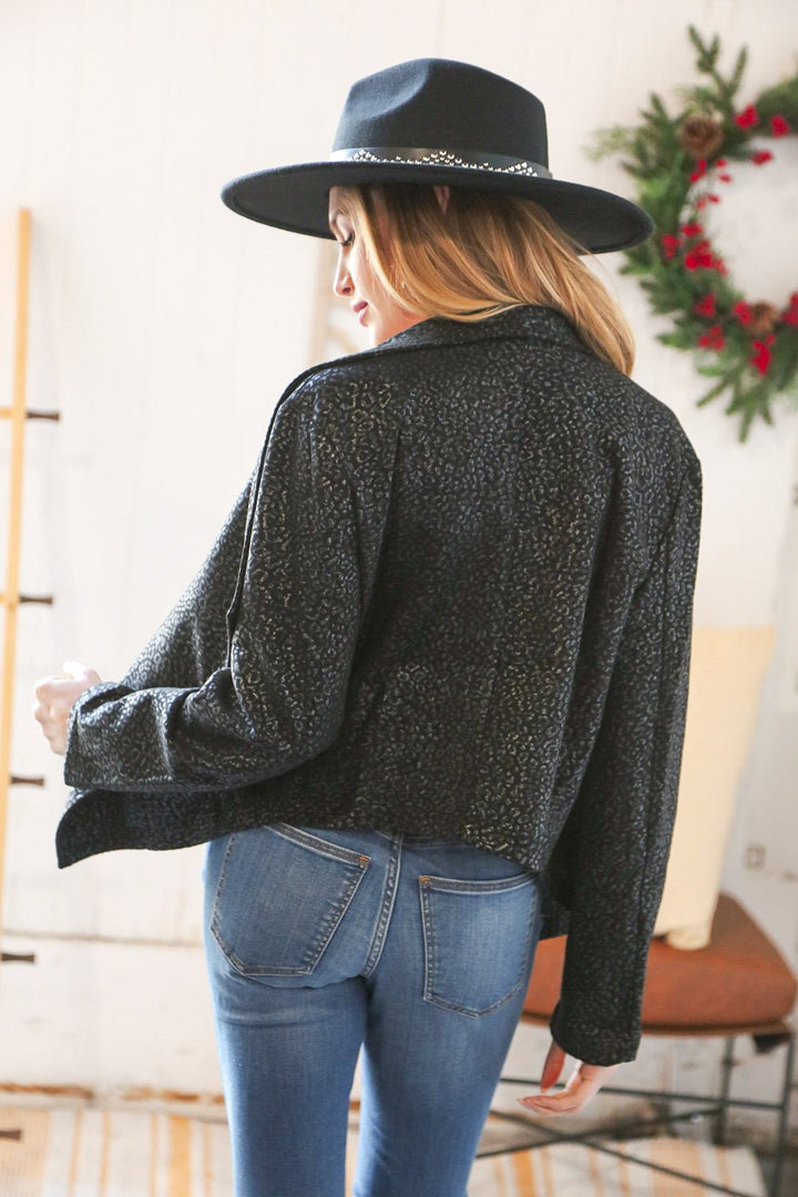 Black Matte Foiled Cheetah Print Blazer Jacket | Nikki &amp; Co. Boutique