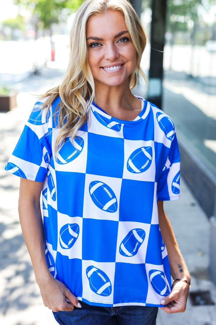 Turn Up The Volume Blue Football Checker Print Top - Nikki &amp; Co. Boutique