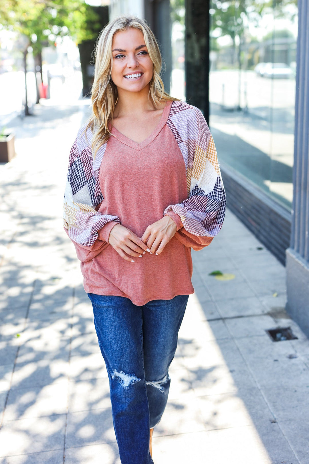 Weekend Ready Rust Argyle Pattern Dolman V Neck Top | Nikki &amp; Co. Boutique
