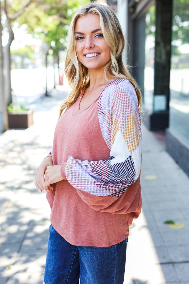 Weekend Ready Rust Argyle Pattern Dolman V Neck Top | Nikki &amp; Co. Boutique