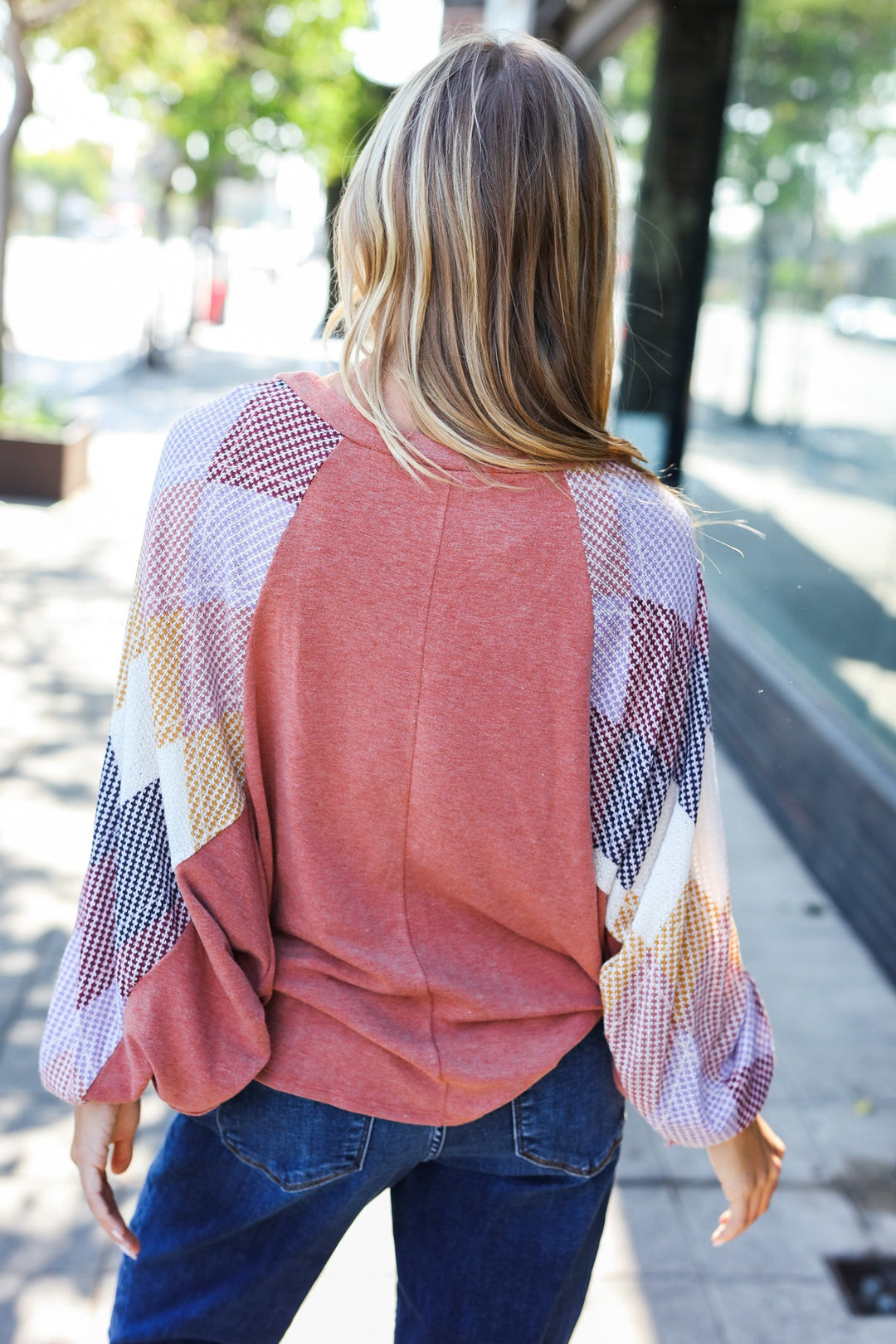 Weekend Ready Rust Argyle Pattern Dolman V Neck Top | Nikki &amp; Co. Boutique