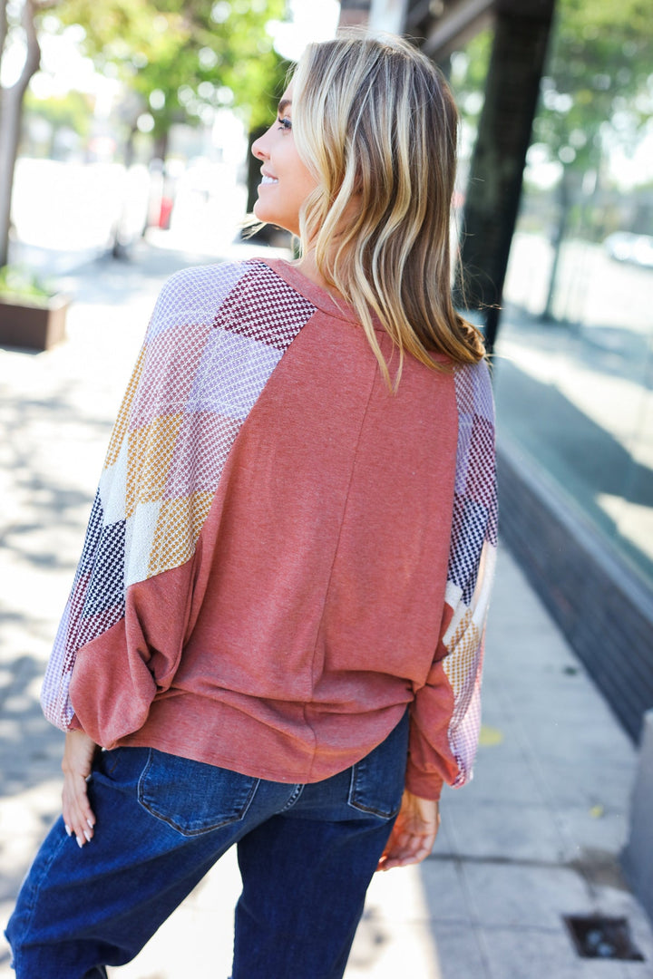 Weekend Ready Rust Argyle Pattern Dolman V Neck Top | Nikki &amp; Co. Boutique