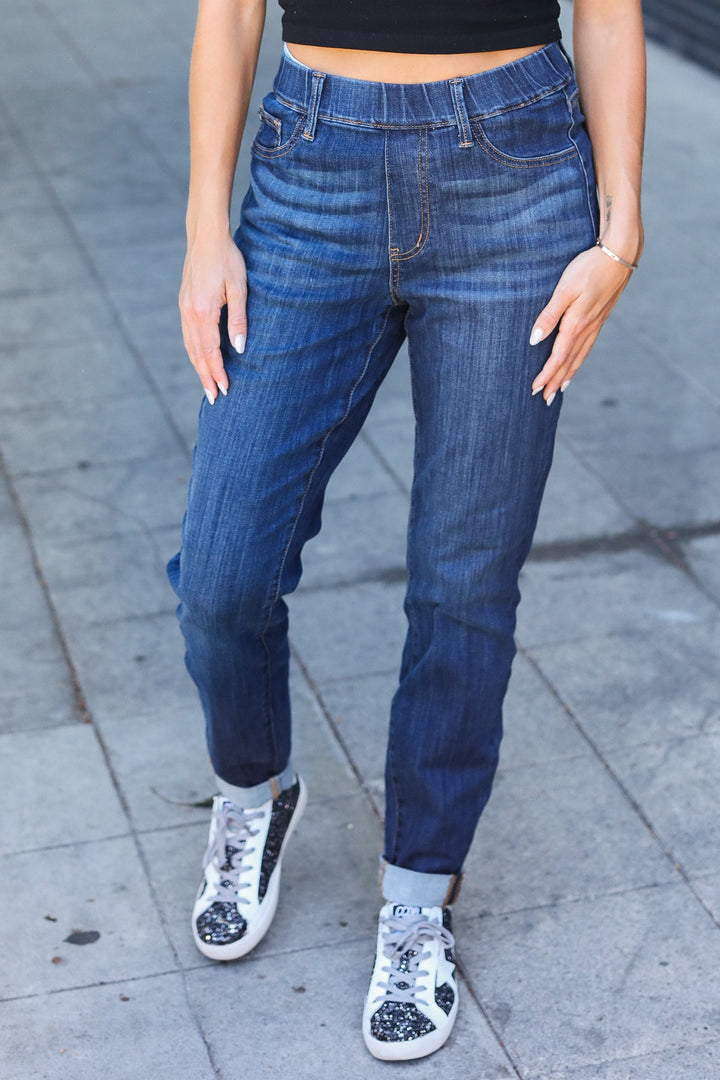 Judy Blue Dark Wash Pull On Cuffed Slim Fit Jeans | Nikki &amp; Co. Boutique
