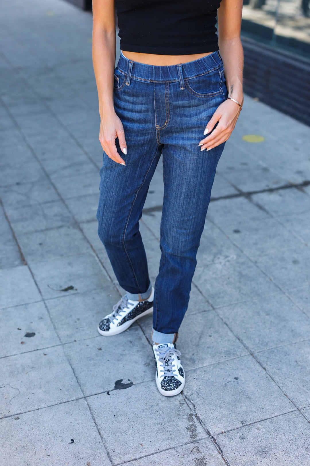 Judy Blue Dark Wash Pull On Cuffed Slim Fit Jeans | Nikki &amp; Co. Boutique