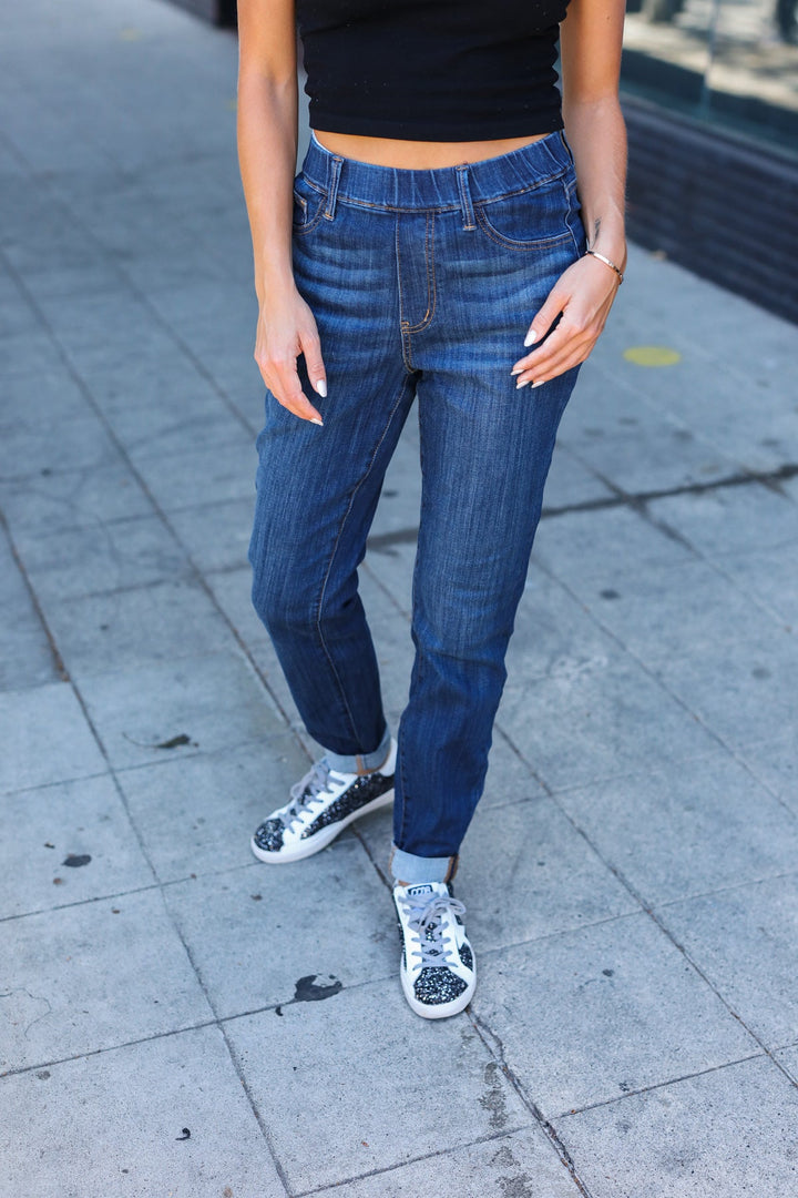 Judy Blue Dark Wash Pull On Cuffed Slim Fit Jeans | Nikki &amp; Co. Boutique