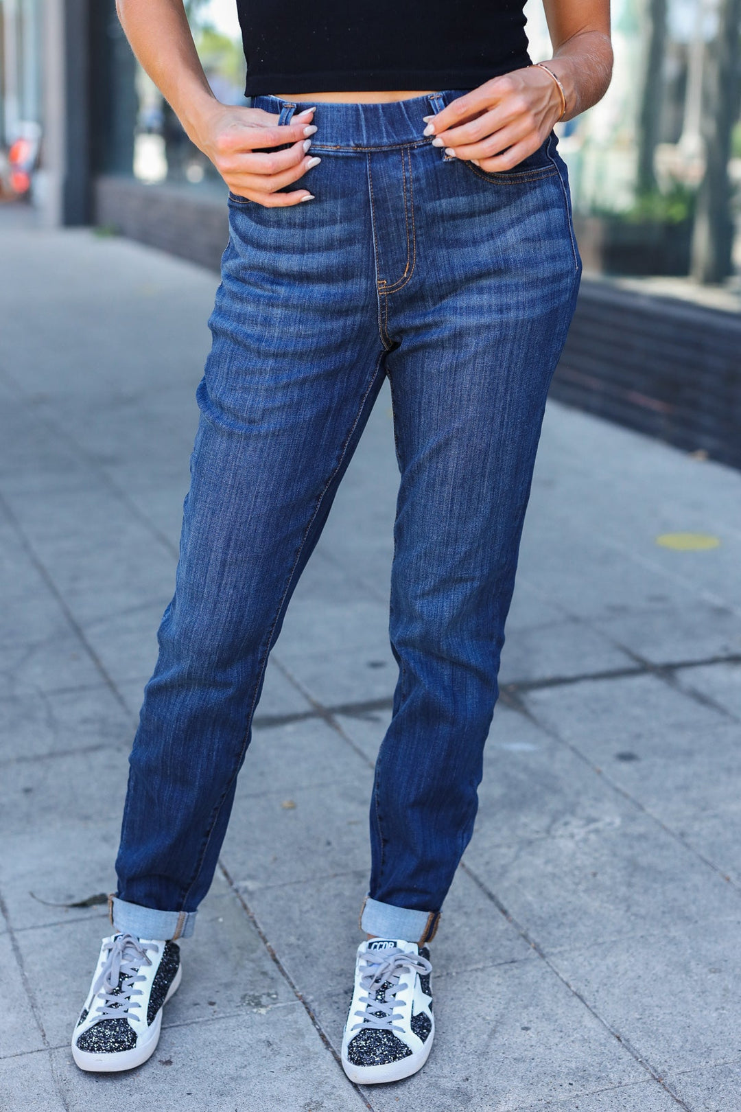 Judy Blue Dark Wash Pull On Cuffed Slim Fit Jeans | Nikki &amp; Co. Boutique
